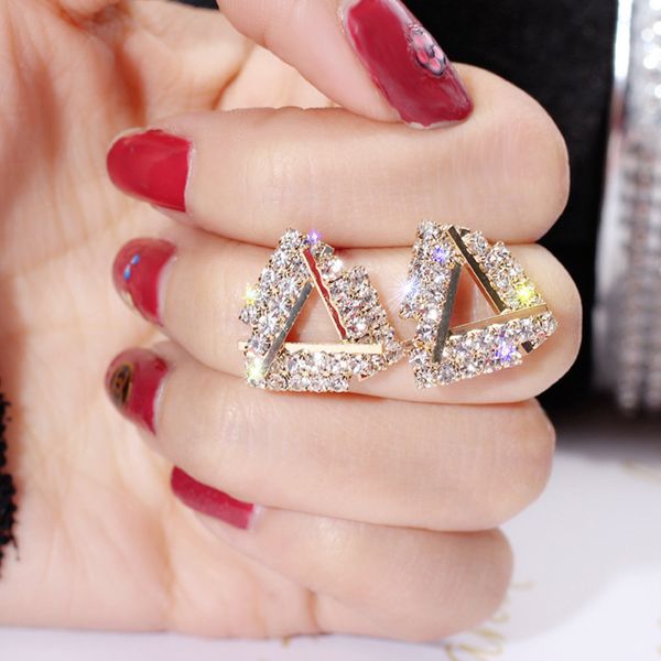 

s966 fashion jewelry s925 silver post triangle crystal rhinstone stud earrings, Golden;silver