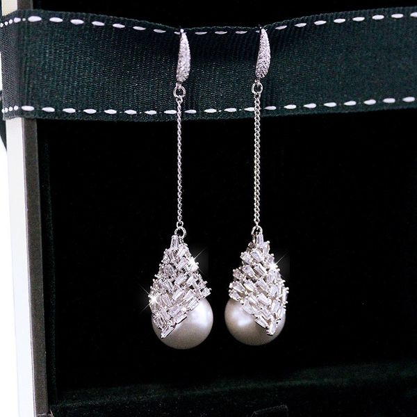 

gorgeous all-purpose style eye-catching simulated pearl long drop earrings cubic zirconia stone encrusted women wedding party, Silver