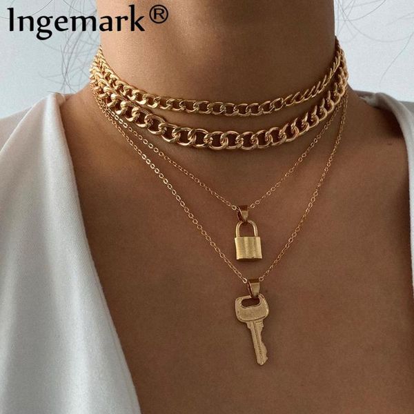 

rock cuban big chunky chain lover lock pendant choker necklace steampunk hip hop padlock hey chain necklace women couple jewelry, Silver