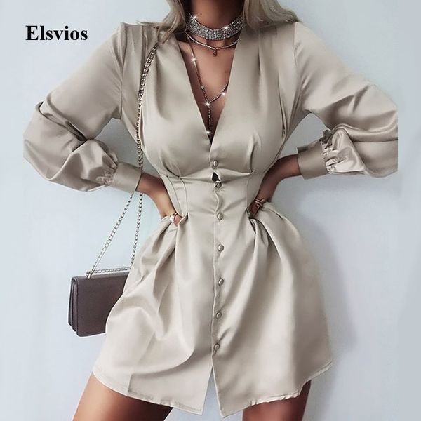 

deep v neck women shirt dress elegant solid office lady buttons mini dress spring autumn long sleeve party dress vestido xl, Black;gray