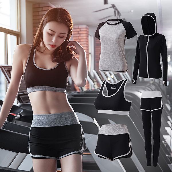 

5 piece set yoga for women's running fitness t-shirt sports bra wear fitness clothing women training set sport suit, White;red