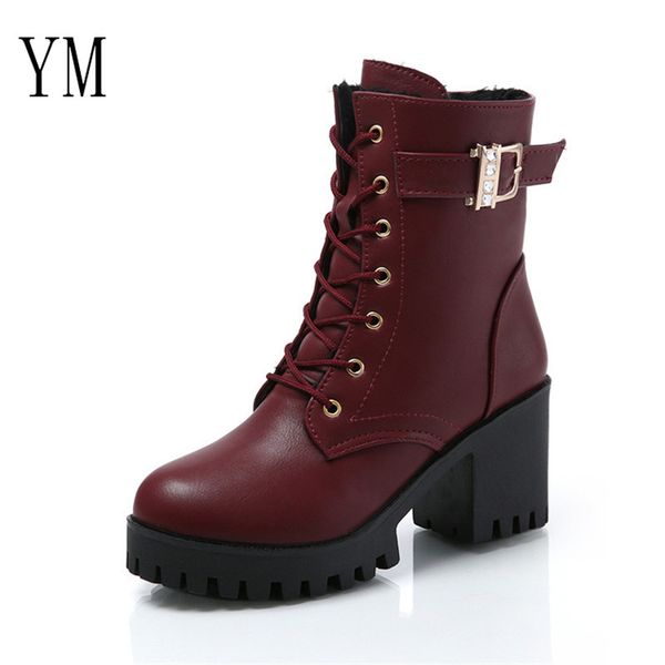 

brand women boots lace up flat biker combat wine red boots shoes buckle woman botas women martin boots size 35-39, Black