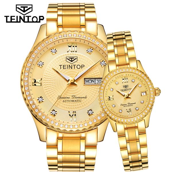 

teinbrand couple watch men women automatic mechanical watches gold clock diamond dial relogio masculino lover gift, Slivery;brown