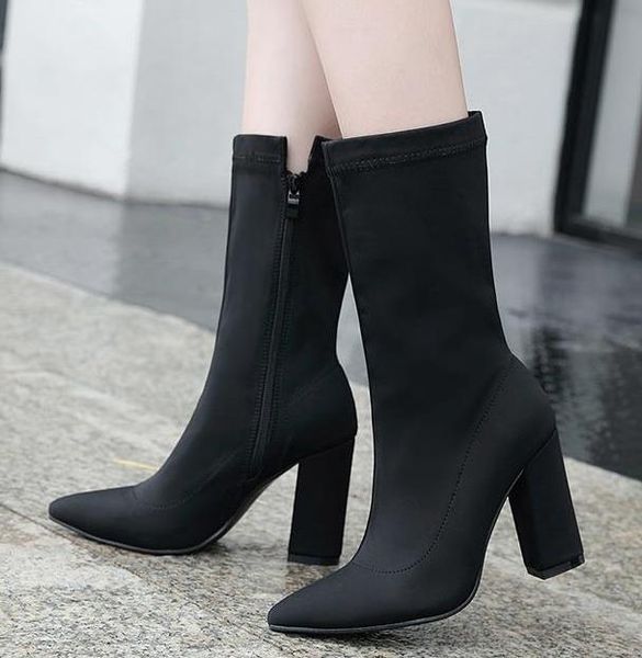 

trendy female booties black pointed toes chunky heels ankle boots size 34 to 40