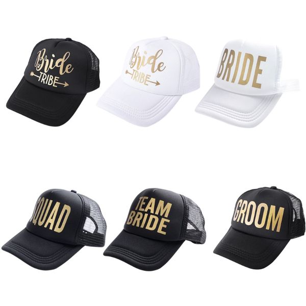 

team bride tribe snapback trucker mesh hat gold letters arrow printed wedding party baseball cap club gift, Blue;gray