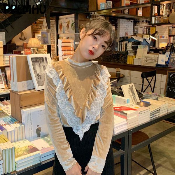 

lolita lace ruffle blouse half-high collar slim basic shirt 2020 new spring fashion casual splice velvet bottoming shirt women, White