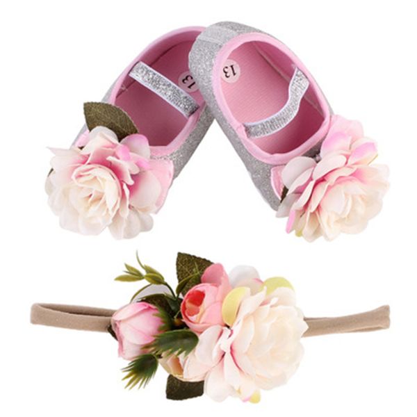 

girl crib shoes infant kid girl soft sole cute flower shoes anti-slip sneaker prewalker headband set