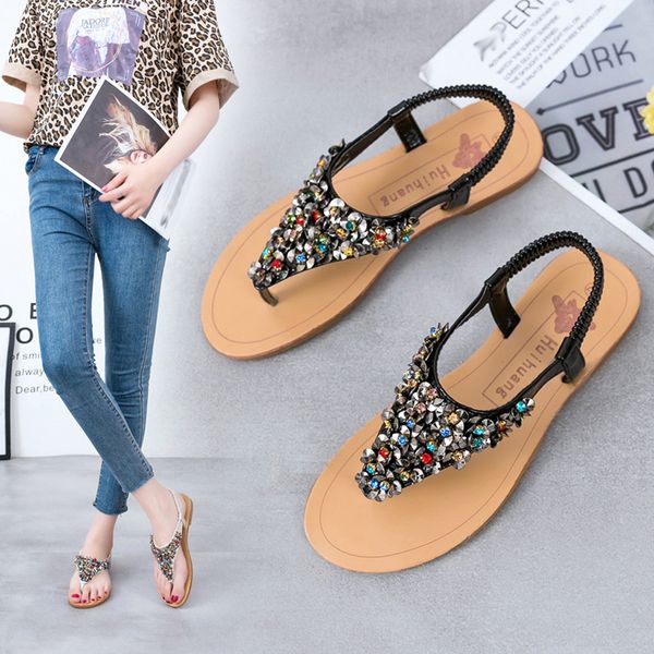 

onto-mato women's elastic band rhinestone sequins flip flops waterproof platform sandals dropshipping sandalen, Black