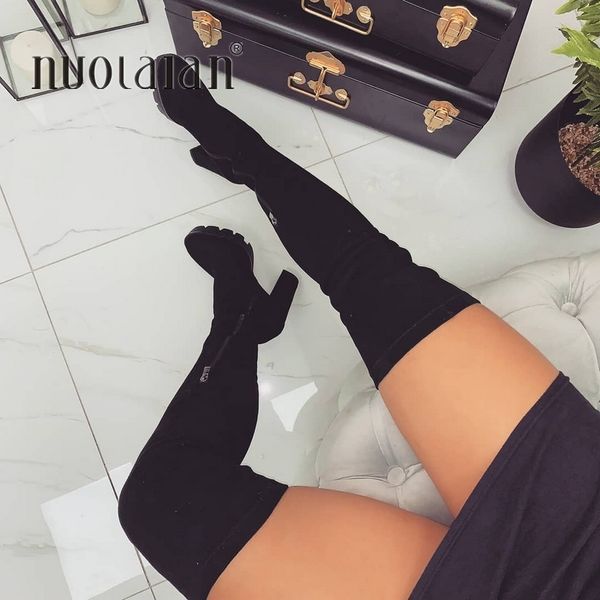 

2019 new flock leather women over the knee boots 11cm high heels autumn woman shoes winter women boots size 35-42, Black