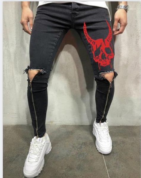 

mens designer pantalones pencil jeans spring summer street style leg zipper holes biker skateboard sports teenagers pants, Blue