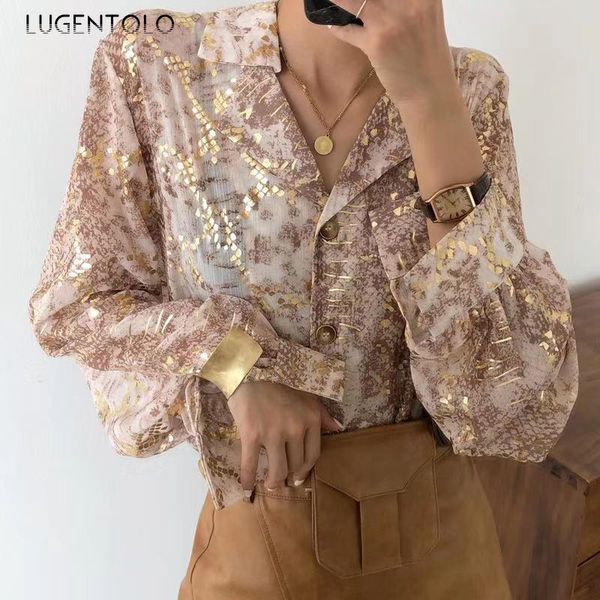 

lugentolo womens and blouses summer korean sequins lantern sleeve turn-down collar chiffon solid fashion shirts, White