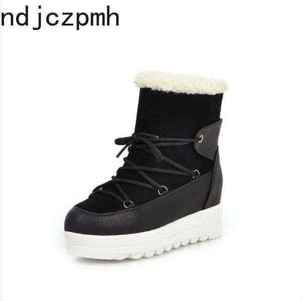 

women's boots the new fashion winter round head lace-up wedge low-heeled short tube women shoes plus size 34-43 heel height 4cm, Black
