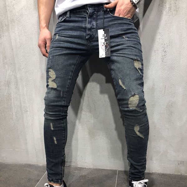 

ripped skinny jeans men biker stretch slim fit denim pants legs zippers jeans streetwear casual trouser jogger classic clothes, Blue