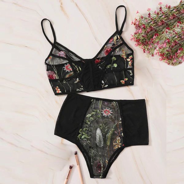 

fashion bra set women underwear v-neck floral embroidered push up lace lingerie set black crop and panties dropship @50, Red;black