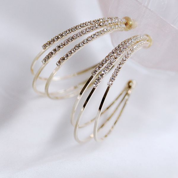 

fashion wild rough exclusive big three circle hoop earrings super large round with crystal setting decorate women party jewelry, Golden;silver