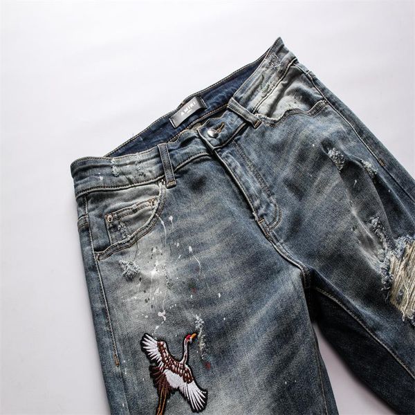 

high elasticity straight brown cotton art jeans all-match chinese style embroidery crane animal mens denim trouser classic men designer lu, Blue