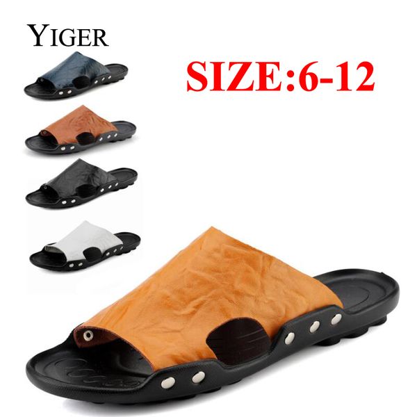 

yiger new man slippers genuine leather man beach slippers big size outside summer shoes black/blue/brown/yellow/white 0116