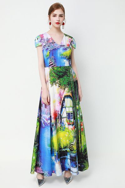 

easter fashisummer ins wholesale runway new v-neck short sleeves panelled print long casual dresses, Black;gray