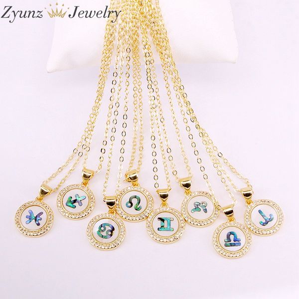 

12pcs, gold color zodiac charm micro pave zodiac pendant necklace, natural mop shell jewelry charms, Silver