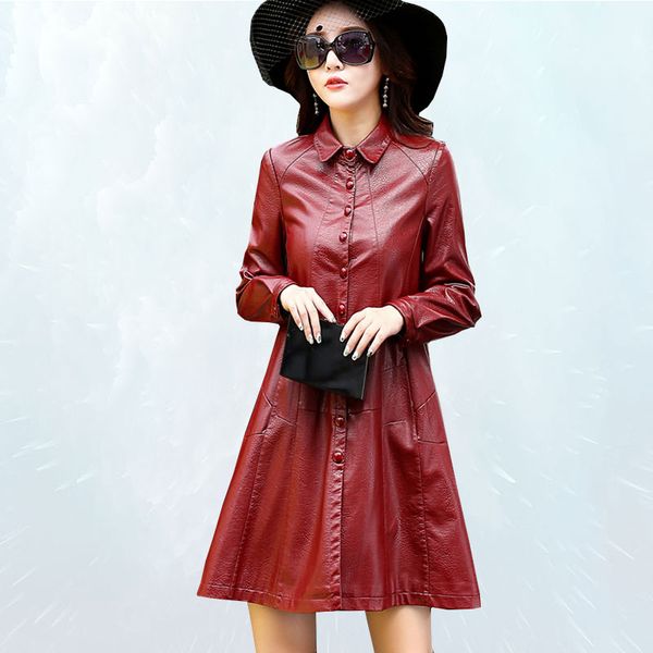 

spring autumn jacket women 2019 fashion long pu leather jacket slim slimming dress female leather outwear chaqueta cuero mujer 6, Black