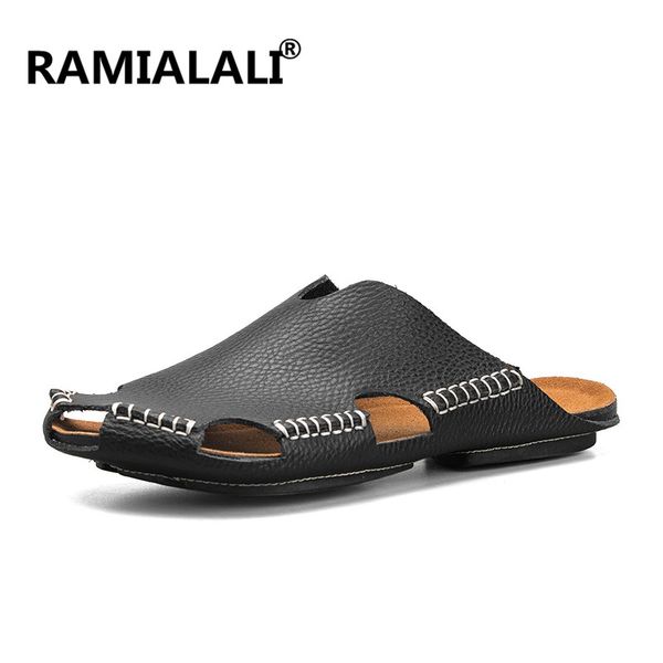 

ramialali genuine leather men sandals summer cow leather beach sandals male shoes mens gladiator, Black