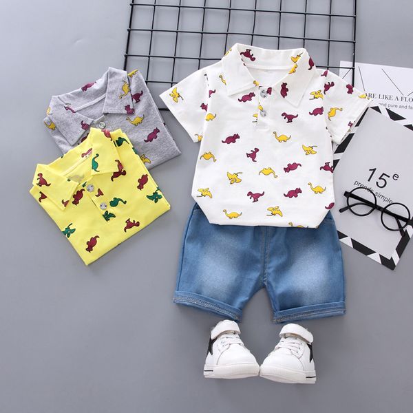 

muqgew 2pcs kids clothes set baby boy short sleeve dinosaur pattern shirt + denim pants set children's clothing, White