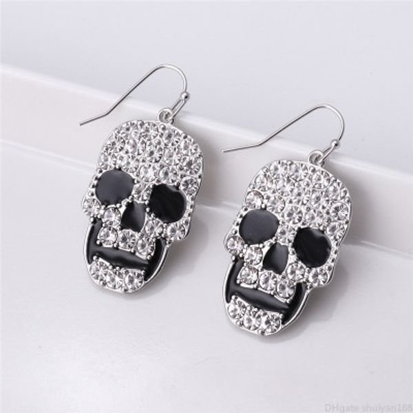 

punk skull dangle earrings halloween vintage rhinestone skeleton drop earrings for women men girls statement party decor jewelry gifts, Silver