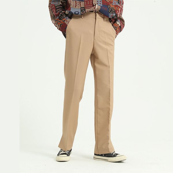 

men side split casual straight suit pant male japan korea style vintage fashion streetwear trousers solid color pants, Black