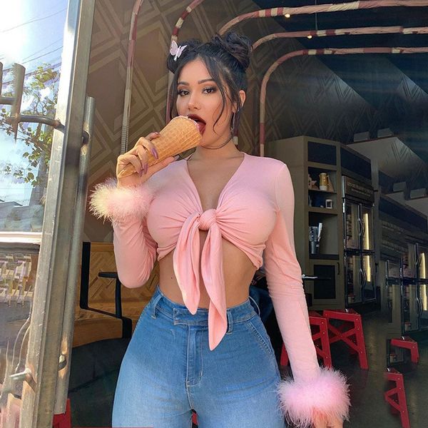 

crop t-shirt lace up fur deep v neck casual long sleeve bow pink shirt autumn short tee street women t-shirts *, White