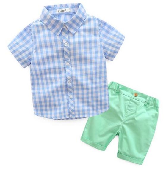 

джентльмен мальчик дети одежда детские летние наборы поверните вниз воротник плед стиль рубашка с коротким рукавом + короткие наборы летний, White