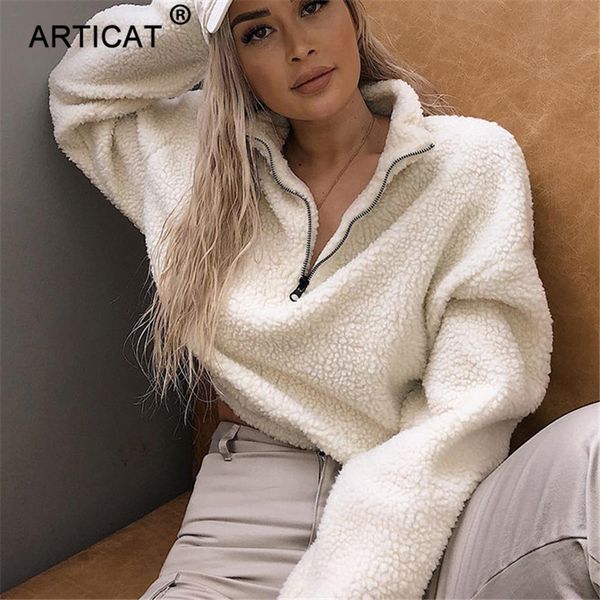 

articat faux lambswool crop hoodies women sweatshirt autumn winter long sleeve high neck zipper short women coat jacket, Black