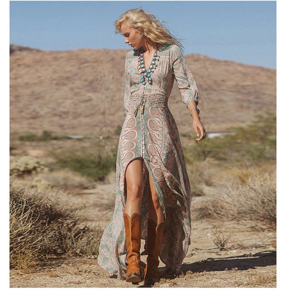 

мода весна лето женщины винтаж элегантный глубокий v шеи boho длинное платье макси sexy ladies шифон цветочный принт сплит платье хиппи nb-1, Black;gray