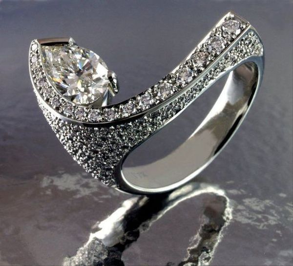

hainon classic water drop ring with micro paved elegant silver color bridal ring wedding anniversary band for women, Slivery;golden