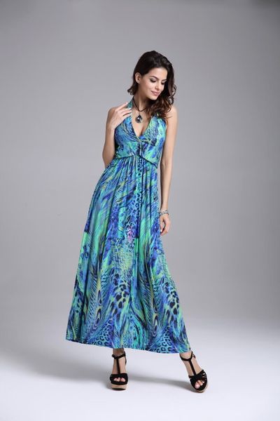 

women dresses clothes womens clothing halter waist long dress source color peacock flower milk silk print dress women's skirt, Black;gray