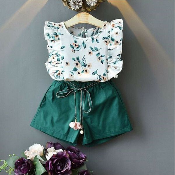 

summer kids baby girl clothes green flowers sets 2pcs sleeveless ruffles floral vest lace-up shorts baby girl sets 1-5y, White