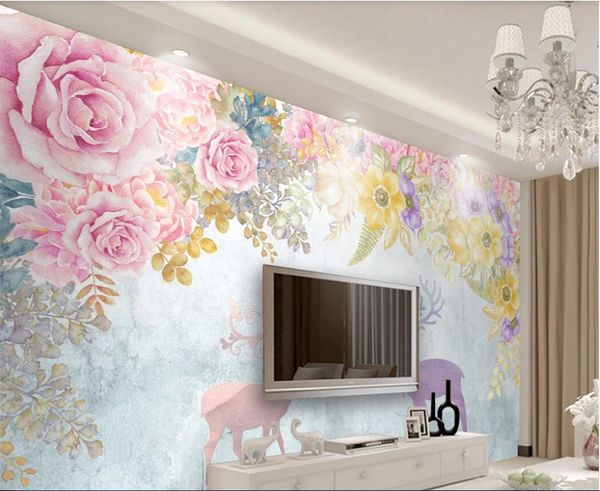 

3d wallpaper custom p murals european hand-painted flower elk tv background wall decor wall art pictures