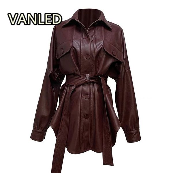 

2019 vintage loose pocket faux leather women coat fashion long sleeve slim waist leather loose clothing, Black
