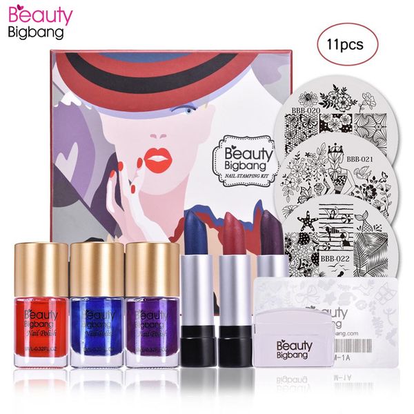 

beautybigbang 11pcs nail stamping make up set kit 3 nail polish plates + round clear jelly stamper scraper + 3 lipstick gift box