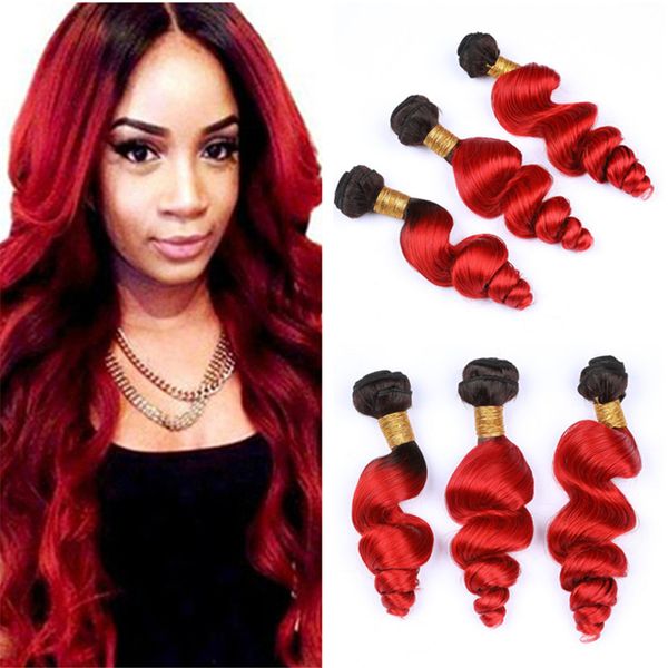 Black And Red Ombre Human Hair Weave 3 Bundles Deals Dark Roots 1b
