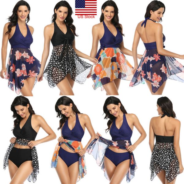 

us women plus size swimdress swimwear swimsuit floral push up bra padded tankini
