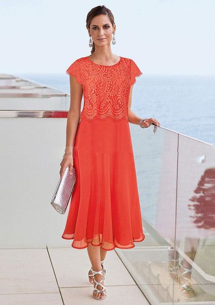 Orange Tea Length Mother Of The Bride Dresses 2019 Beach Wedding Lace Top Mothers Formal Wear Plus Size Evening Gowns Cap Sleeve Mother Of The Bride