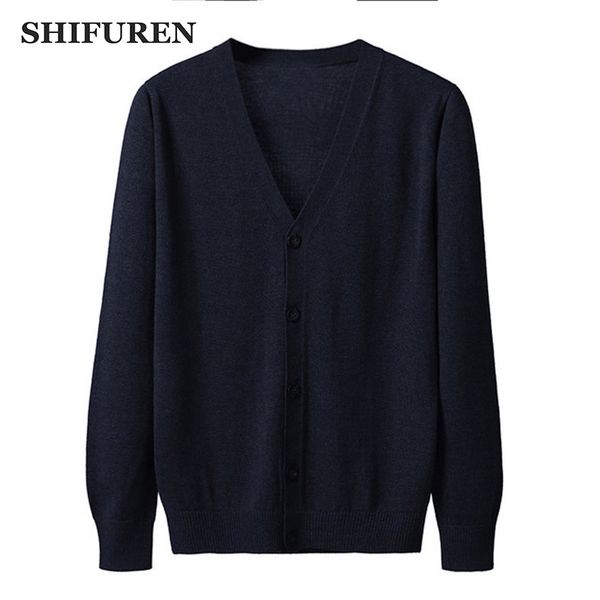 

shifuren men's cardigan sweaters 2019 autumn winter pure color knitwear solid color knitwear male causal v-neck cardigan, White;black
