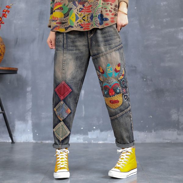 

women jeans embroidery patchwork denim pants bottoms big loose long retro vintage fashion casual for autumn bo24222719, Blue