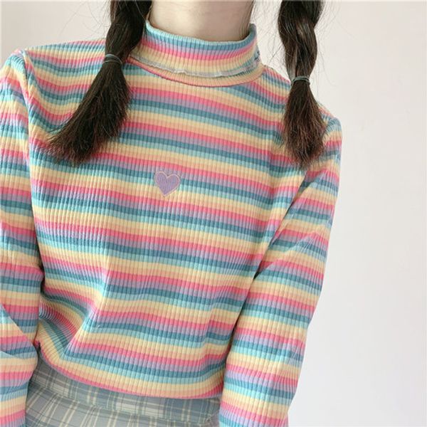 

2 color new kawaii lolita sweaters vitality girl rainbow sweater turtleneck cute heart embroidery women sweater knit, White;black