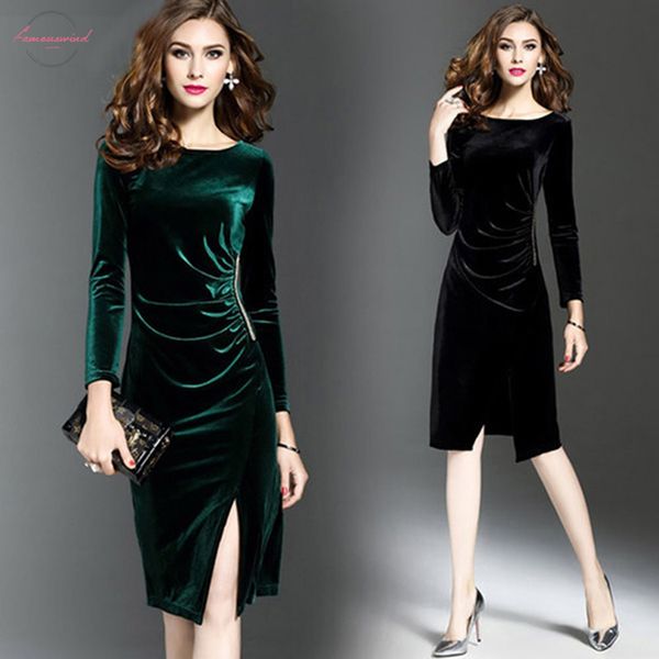 

vintage velvet dress new women long sleeve slim side split dresses knee length elegant party dress vestidos, Black;gray