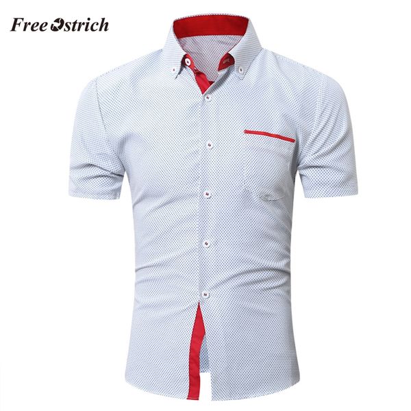 

ostrich dot printed men's trendy shirt men casual short sleeve shirt business slim turn-down collar blouse 91128, White;black
