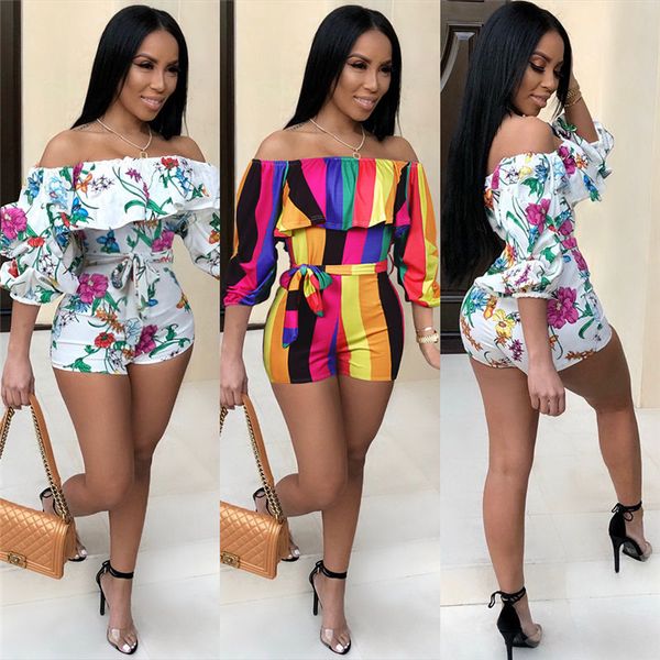 

summer womens designer jumpsuits slash neck printing bodysuit casual style shorts ladies rompers fashion style, Black;white