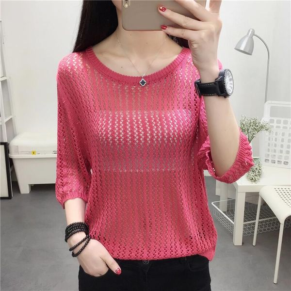 

2018 new spring and summer women basic pullover hollow sweaters loose knit o-neck solid female summer sweater ly966, White;black