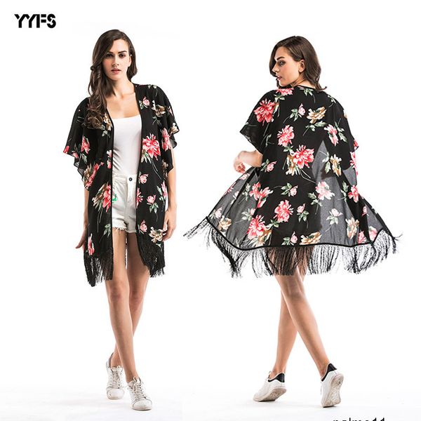 

womens designer shirt printed floral long chiffon cardigan beach blouse tassel sunscreen shawl coat nxnk, White