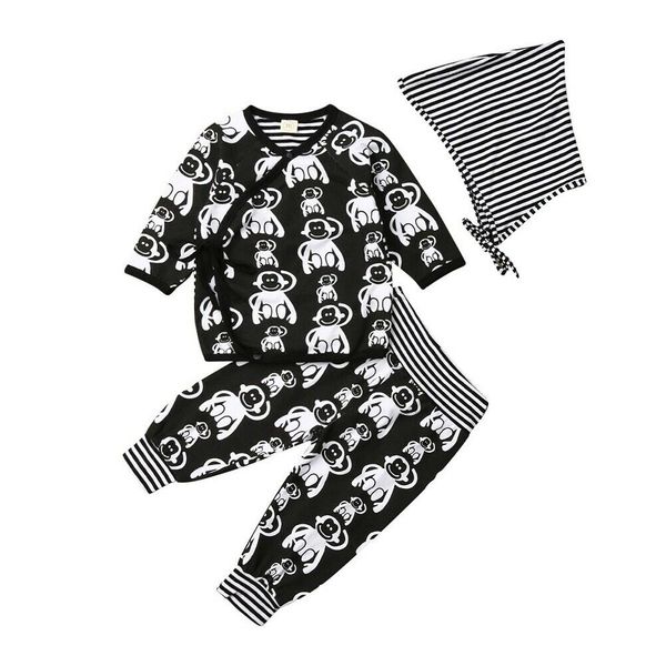 

casual newborn baby boy girl autumn cotton outfits animals print soft 3pcs shirts+long pants+striped hat baby clothes sets 0-18m, White